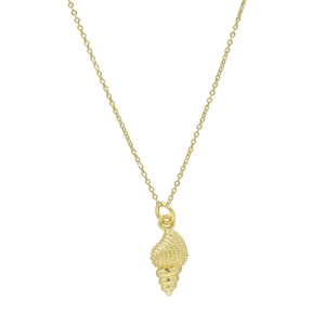 Detailed view of the spiral conch pendant with textured finish and fine link chain