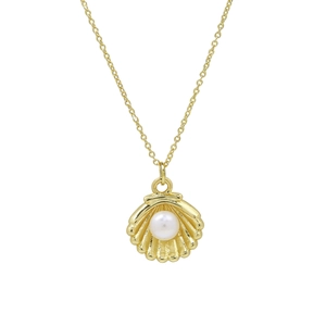 Detailed close-up of golden shell pendant necklace with a central white pearl inlay