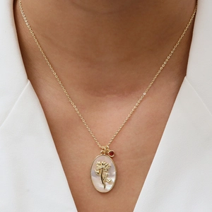 18k gold plated brass necklace with mother of pearl floral pendant and birthstone charm