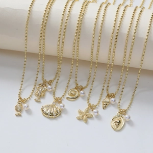 Gold Plated Brass Ocean Theme Pendant Necklace With Pearl Rhinestone Starfish Lobster Shell Sea Snail For Women Beach