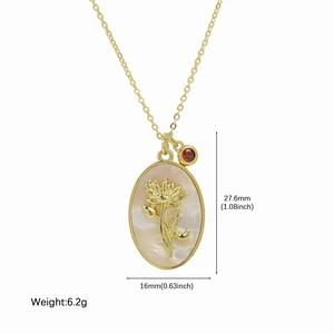 18K gold plated brass floral shell pendant necklace with red birthstone accent