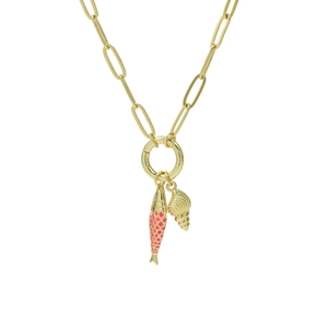 Golden paperclip chain necklace featuring pink enamel fish and conch shell charms