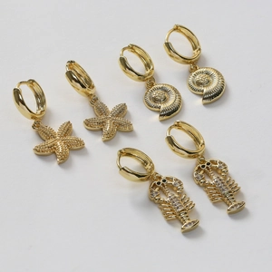 Parure de boucles d'oreilles en laiton doré avec pendentifs étoile de mer et homard