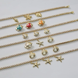 Tobillera de Tenis de Cobre Con Circonia para Mujer Playa Vacaciones Serie Océano Colgante Estrella de Mar Concha Pez Joyería Chapada en Oro Regalo