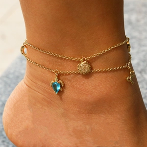 Double-layer gold anklet with blue turtle, sun and bird charms for summer beach style
