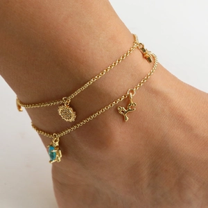 Double-layer gold anklet with sunflower, cross, heart gem and deer charms for summer beach wear