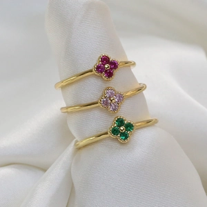 Gold Plated Copper Clover Ring Women Colorful Zirconia Flower Opening Adjustable Ring Minimalist Elegant Hand Jewelry Gift