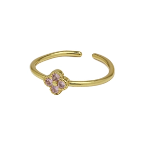 Detail of gold-plated daisy ring featuring pink cubic zirconia petals and adjustable band