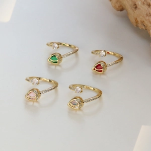 Adjustable gold tulip rings with colorful zircon drops in green, red, pink, and clear