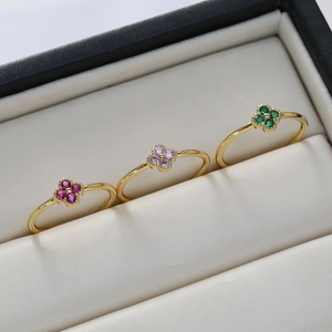 Elegant gold-plated open ring with colorful daisy zircon stones in red, pink, and green