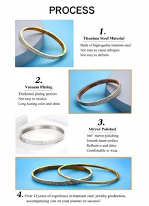 Detailed view of titanium steel bangles with sparkling zircon settings and mirror polishing