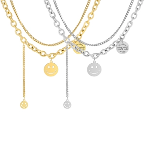 Collier double épaisseur en acier inoxydable avec smileys et pendentifs vintage
