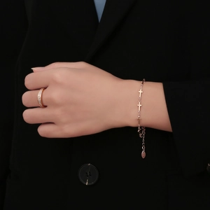 Elegant rose gold stainless steel cross bracelet and double row crystal ring set