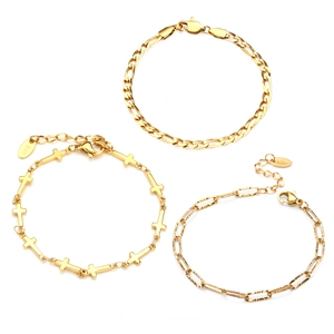 Three 18K gold plated stainless steel bracelets with cross charms and Figaro link chain