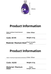 Detailed specs for purple teardrop titanium steel pendant necklace with 28mm floral charm