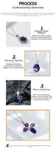 Detail of four purple crystal pendants with flower and teardrop shapes in titanium steel