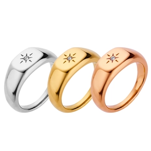 Drei Siegelringe in Gold Silber und Roségold mit Sternengravur und funkelndem Zirkonstein