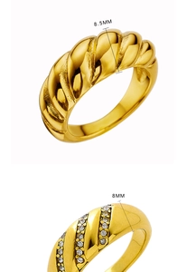 Detail view of 8.5mm twisted rope ring and 8mm gold band with rows of small zircon stones
