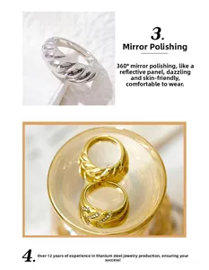 Detailed macro view of 360-degree mirror polished twisted titanium steel diamond rings