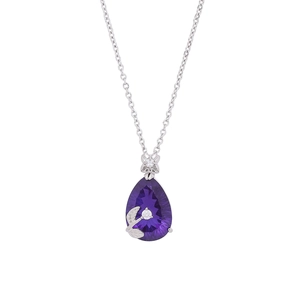 Teardrop purple gemstone pendant necklace in stainless steel with floral silver leaf