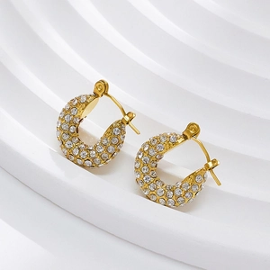 Close-up of 18k gold plated hoop earrings with micro-pave white crystals on base