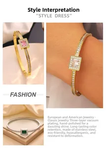 Macro view of emerald green zircon inlay and cubic zirconia on gold stainless steel bracelet