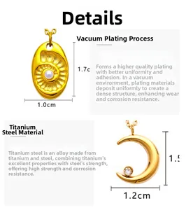 Détail de pendentifs en titane doré avec nacre de coquillage et zircone lunaire
