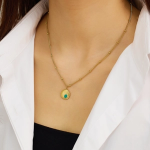 Vintage bohemian gold scallop shell pendant necklace with turquoise stone for women