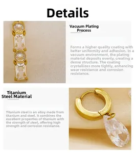 Detail of gold titanium steel earrings featuring paved stones and pear-shaped zirconia