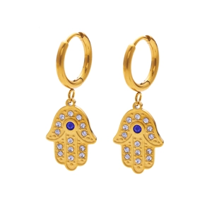 Golden Hamsa Hand hoop earrings with Evil Eye blue stone and white rhinestones