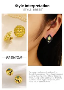 Close-up of vintage malachite drop earrings in gold vacuum plated stainless steel