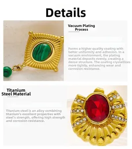 Detail view of gold titanium steel earrings with green malachite and red gemstone accents