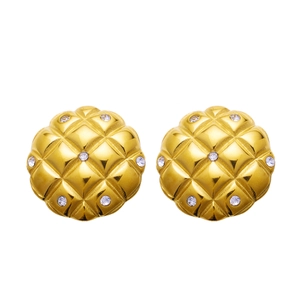 Retro golden matelassé earrings with white rhinestones in a vintage quilted style