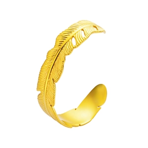 Bracciale rigido a piuma irregolare a forma di C in stile francese, acciaio dorato lucido