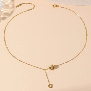 Gold titanium steel tassel necklace with Roman numerals and Y-shaped zircon pendant