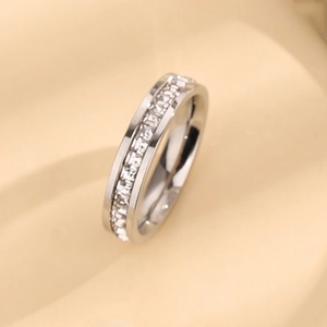 Elegant silver stainless steel ring with single row of square cut clear crystals