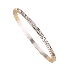 Minimalist gold-plated stainless steel bangle with single row of square zircon stones