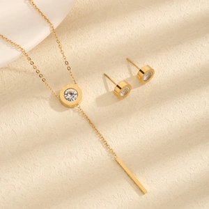 Titanstahl Schmuckset Für Damen Vergoldet Römische Zahlen Y-Form Quaste Strass Halskette Und Ohrstecker Minimalistischer Stil