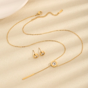 Minimalistisches goldenes Halsketten und Ohrstecker Set mit Zirkonia und Quasten Design