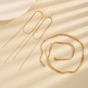 Minimalist Stainless Steel Gold Plated Multi-layer Necklace And Long Tassel Drop Earrings For Women Fashion Jewelry Accessory