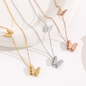 3D Double Butterfly Stainless Steel Pendant Necklace For Women 18K Gold Plated Frosted Elegant Jewelry Gift Necklace