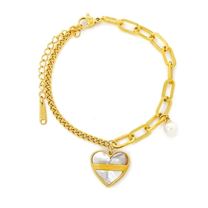 Bracelet élégant en acier titane doré avec pendentif cœur en nacre et perle blanche