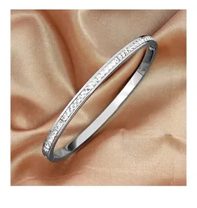 Detail of silver titanium bangle with inset sparkling zircon crystals on silk background