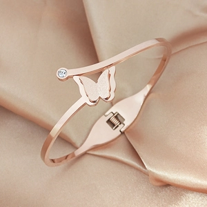 18k rose gold plated butterfly bangle with frosted finish and sparkling zircon stone
