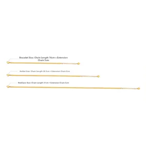 Size chart for gold flat snake chain necklace bracelet set with lobster clasp and heart charm