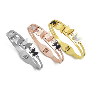 Elegant butterfly open bangle set in gold, silver and rose gold stainless steel
