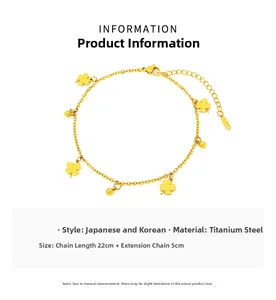 Detailansicht der goldene Kleeblatt-Fußkette aus Titanstahl mit 5 cm Verlängerungskette