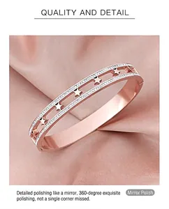 Macro detail of rose gold hollow star bracelet with sparkling white crystal accents