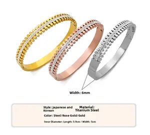 Detail view of double row crystal titanium steel bracelets in gold, silver and rose gold
