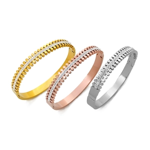 Polished titanium steel bracelets with double-row studs and zircon in gold and silver